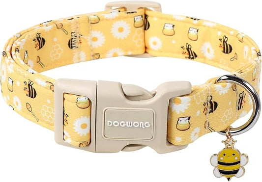 DOGWONG Yellow Bee Dog Collar- Cute Fun Dog Collars Adjustable Designer Spring Puppy Yellowe Dog Collar for Small Medium Large Dogs L