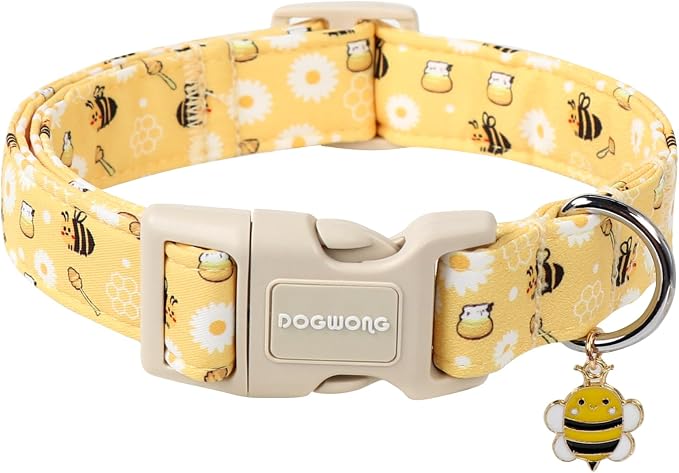 DOGWONG Yellow Bee Dog Collar- Cute Fun Dog Collars Adjustable Designer Spring Puppy Yellowe Dog Collar for Small Medium Large Dogs S