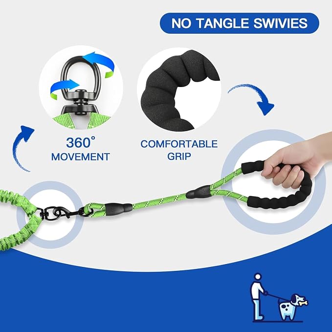 MingXpets Double Dog Leash - 360 Swivel, Tangle-Free Bungee Walking & Training Leash for Large & Medium Dogs, Shock Absorbing, Reflective, 18-120 lbs, Green