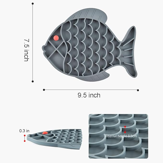 Slow Feeder Cat Bowls, 2 Pack Fish-Shaped Silicone Puzzle Feeders for Healthy Eating & Anxiety Relief - Lick Treat Mat for Dogs & Cats (Blue+Grey)