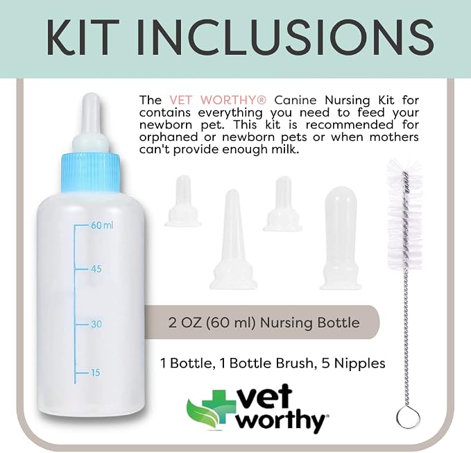 VetWorthy 7-Piece Canine Nursing Kit - Dog Nursing Set for Orphaned and Newborn Puppies - Pet Feeding Support Kit with Feeding Bottle, Milk Bottle Brush, and 5 Nipples