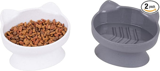 Kitty City Elevated Slow Feeder Cat Bowls (Set of 2), Whisker-Friendly Raised Cat Food Dishes with Ridges, Helps Reduce Fast Eating & Digestion Issues, Dishwasher Safe, 6.5 oz – White & Gray