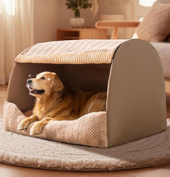 Large Dog House Indoor, Foldable Pet House Bed with Removable Plush Cushion, Warm Covered Dog Cave Nest Bed for Small Medium Extra Large Dogs (Brown, Large)