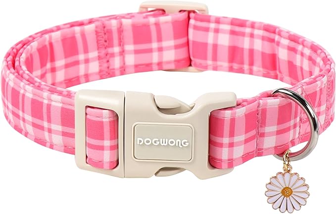 DOGWONG Pink Plaid Dog Collar for Girl Dogs, Pink Checked Dog Collars, Adjustable Soft Cute Pink Dogs Collars for Small Medium Dogs, Neck 14-21 inches