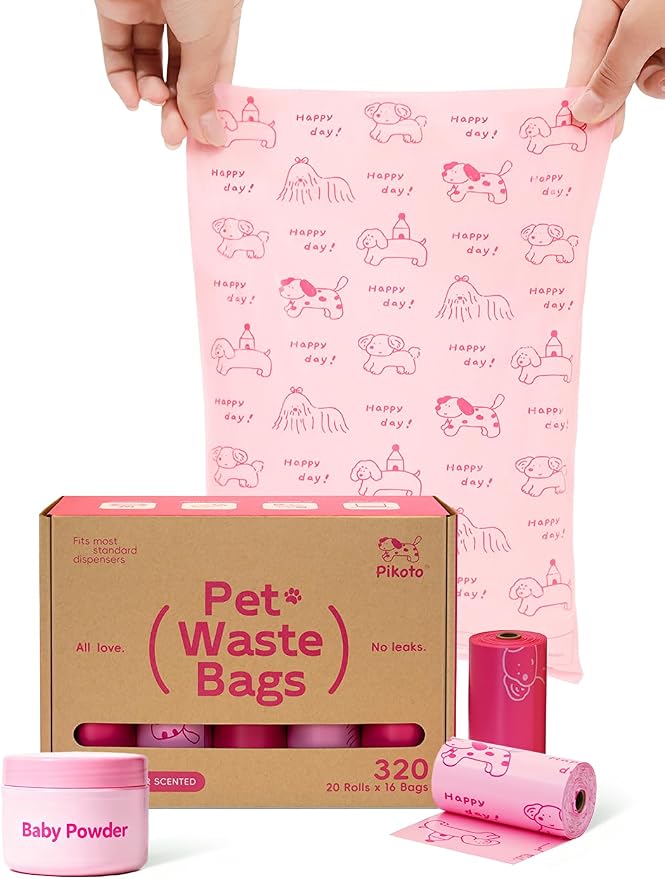 Dog Poop Bags Rolls, 320 Count (20 Refills) - 60% Recycled Plastic Baby Powder Scented - Leak Proof, Extra Thick Waste Bag with Easy-Peel Sticker (Pink)