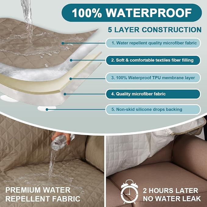 Turquoize 100% Waterproof Sofa Covers Chair Cover Slipcover Couch Protector Triple Non-Slip Sofa Slipcover for 1 Cushion Furniture Protector for Pets, Kids,Dog (Chair 23", Taupe)