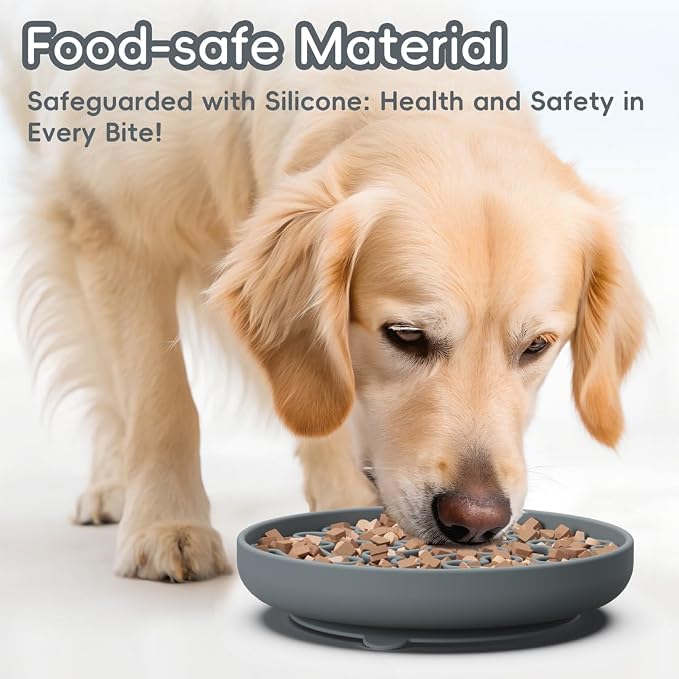 Silicone Slow Feeder Dog Bowl – Gray Bone Pattern | Food-Grade Non-Slip Dog Dish for Anti-Bloat, Fast Eating Prevention, 7.5” x 1.5”, Dishwasher Safe