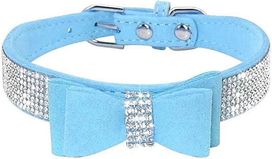 Rhinestone Dog Collar, Cute Dazzling Sparkling Soft Suede Leather Dog Cat Rhinestone Collar Crystal Diamond Pet Dog Puppy Collar (M 32-38 cm, Blue-1)