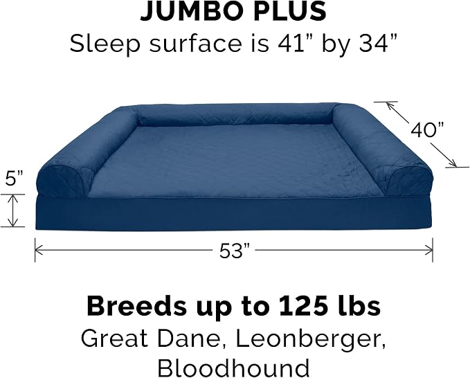 Furhaven Memory Foam Dog Bed for Large Dogs w/ Removable Bolsters & Washable Cover, For Dogs Up to 125 lbs - Quilted Sofa - Navy (Blue), Jumbo Plus/XXL