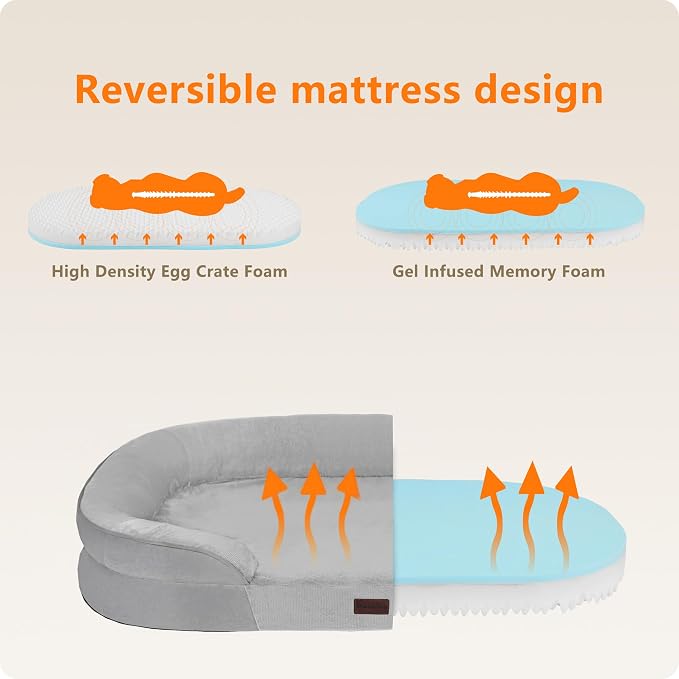 Dwanton Orthopedic Dog Bed for Large Dogs with Gel Memory Foam, Waterproof Dog Sofa, Washable Pet Bed with Four Sided Bolster Cushion, Removable Cover & Non-Slip Bottom, 42", Light Grey