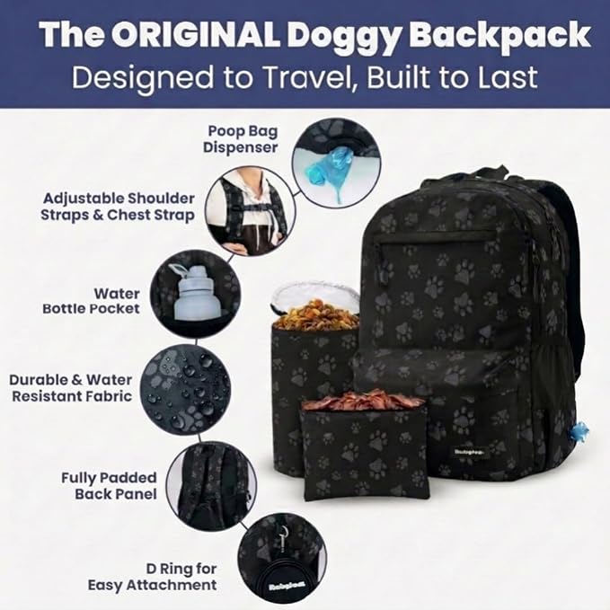 Dog Travel Bag for Supplies - Complete Dog Diaper Bag Backpack with 2 BPA-Free Travel Bowls, Treat Pouch, Food Container, Placemat & Laptop Sleeve – for Traveling, Road Trips, Hiking: Black-Paw Print