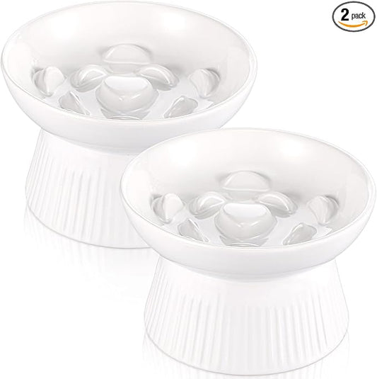 Layhit 2 Pack Raised Slow Feeder Cat Bowls Ceramic Elevated Cat Food Bowls Anti Vomiting Slow Feeder for Dog and Kitten for Dry and Wet Food(White)