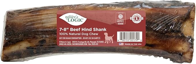 NATURE'S LOGIC Beef Hind Shank Bone - 7-8'' Long Chew - Collagen & Protein Source for Dog Dental Health & Occupation - Carnivore Appropriate Recreational Chewing & Dental Care - Large Hind Shank
