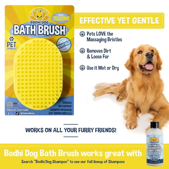 Bodhi Dog Shampoo Brush - Pet Grooming & Bath Supplies for Dogs and Cats - Bath Brush for Long & Short Hair - Premium Scrubber for Shower, Bathing & Massage (One Pack, Yellow)
