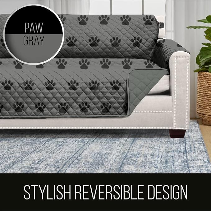 Sofa Shield® Couch Slip Covers for Dogs, Reversible Furniture Protector with Strap, Stain and Tear Resistant Cushion Cover, 62 inch Seat, Machine Washable Slipcover Pets, Cats, Paw Gray Black