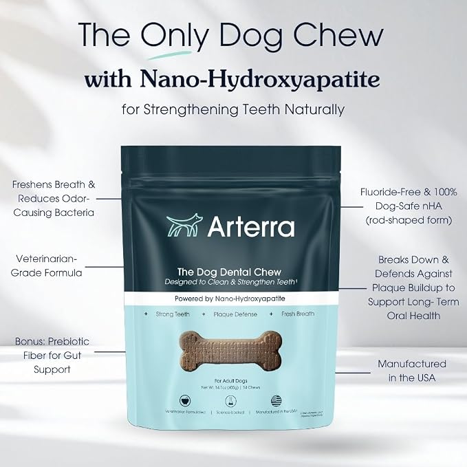 Arterra Pet Science Dog Dental Chews with Nano-Hydroxyapatite Next-Generation Daily Chews for Stronger Teeth, Fresh Breath, and Healthy Gut, 14 Count, Pack of 1