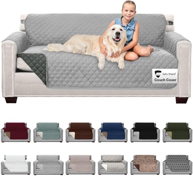 Sofa Shield Couch Slip Covers for Dogs, Reversible Furniture Protector with Strap, Stain and Tear Resistant Cushion Cover, 70 inch Seat, Machine Washable Slipcover Pets, Cats, Light Gray Charcoal