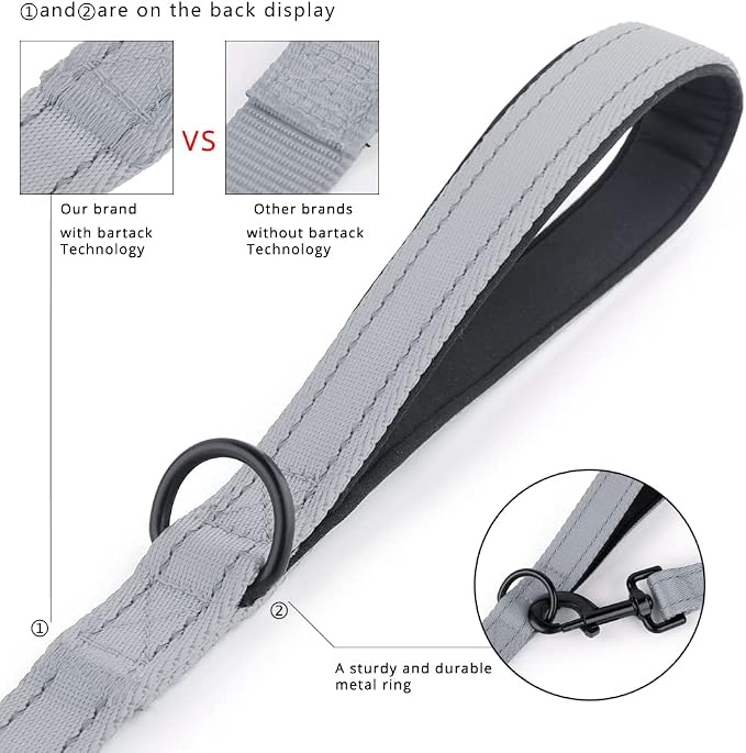 Plutus Pet Double Handle Dog Leash 5ft, Heavy Duty, Reflective Dual Handle Dog Leash for Safety Training, for Medium Large Dogs,2 Handle Leads(Gray)