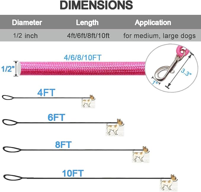 MayPaw 4/6 /8/10 FT Dog Leash, Classic Solid Colors, Strong Nylon Rope Dog Leash Reinforced with Leather Tailor Connection Heavy Duty Silver Clasp (Pink, 4ft*1/2")