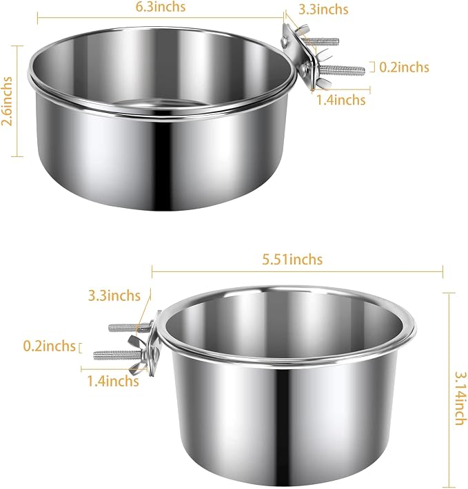 2 Pcs Medium Pet Dog Food Water Bowl for Cage Stainless Steel Non-Spill Kennel Hanging Cats Pets Bowls with Clamp Holder Crate Feeder Dish for Medium Dogs Pets (5.5x3.1'' & 6.3x2.6'')