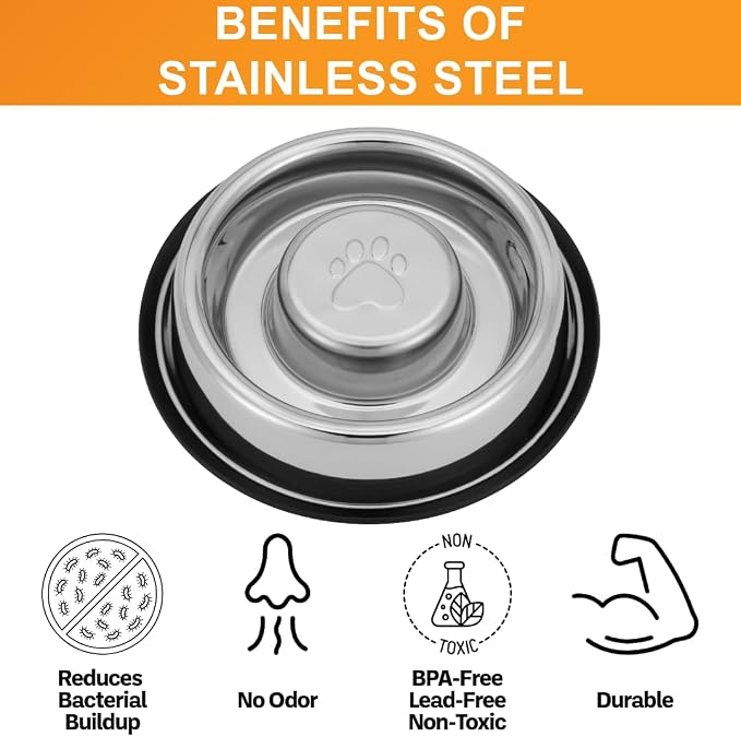 Neater Pet Brands Stainless Steel Slow Feed Bowl - Non-Tip & Non-Skid - Stops Dog Food Gulping, Bloat, Indigestion, and Rapid Eating (3 Cup)