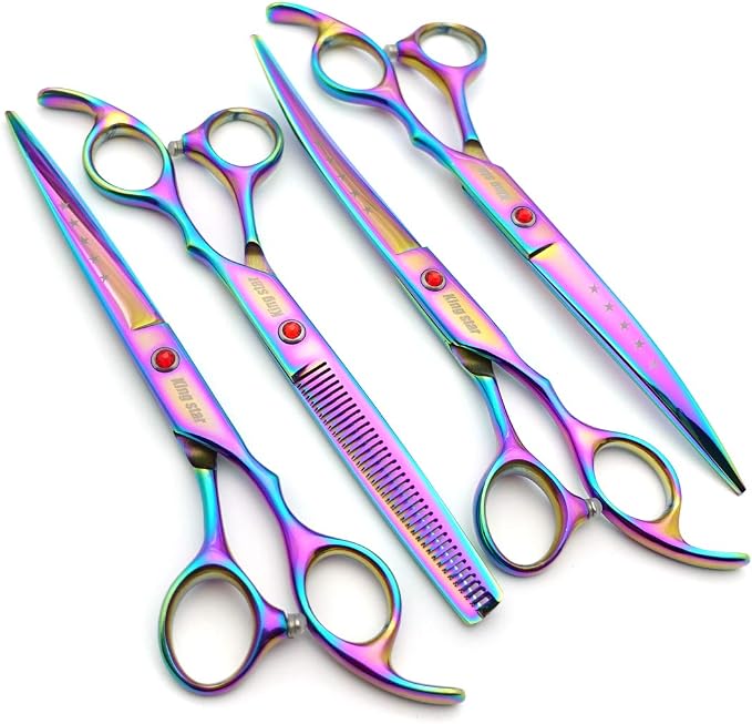 KINGSTAR 7.0in Titanium Rainbow Professional Pet Grooming Scissors Set,Straight & Thinning & Curved Scissors 4pcs Set for Dog Grooming,(Rainbow)