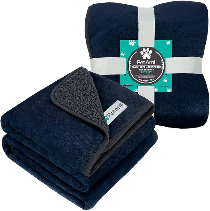 PetAmi Premium Waterproof Dog Blanket for Large Dogs, Reversible Sherpa & Flannel Fleece, Leakproof Pet Throw for Couch Protection, Soft Plush Furniture Protector for Cats, Washable, 60x80 Navy/Grey