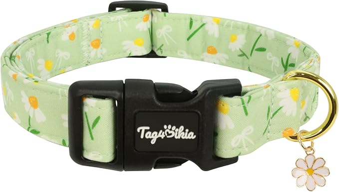 Dog Collar with Daisy Patterns, Spring Summer Collection Green Dog Collar with Exquisite Pendant, Durable Adjustable Collars for Gifts & Daily Use-XS