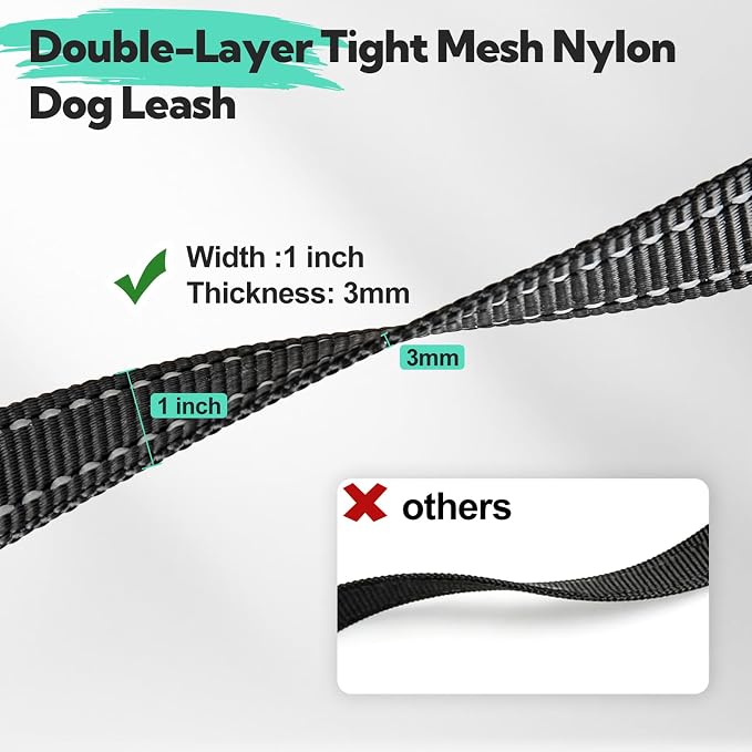 2-Handle Dog Leash Heavy Duty, Traffic Control & Night Safety Reflective Lead for Mid Large Dogs, Comfort Padded Grip Dog Leashes for Walking and Training(6 FT x 1" Wide, Black+ Teal)