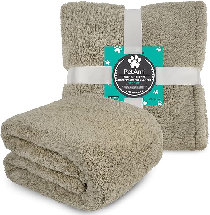 PetAmi Fluffy Waterproof Dog Blanket for Couch and Bed, Reversible Sherpa Pet Throw, Pee Proof Furniture Protector Sofa Cover, Washable Cat Blanket for Medium Large Dogs and Cats (Taupe Camel, 90x90)