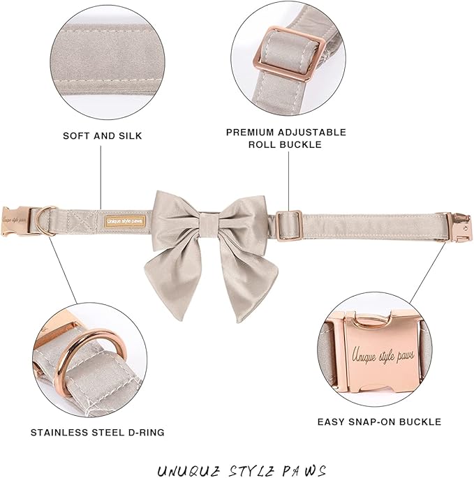 Unique Style Paws Silk Champagne Color Adjustable Durable Dog Collar with Bow Wedding Bow Tie for Small Puppy and Cats