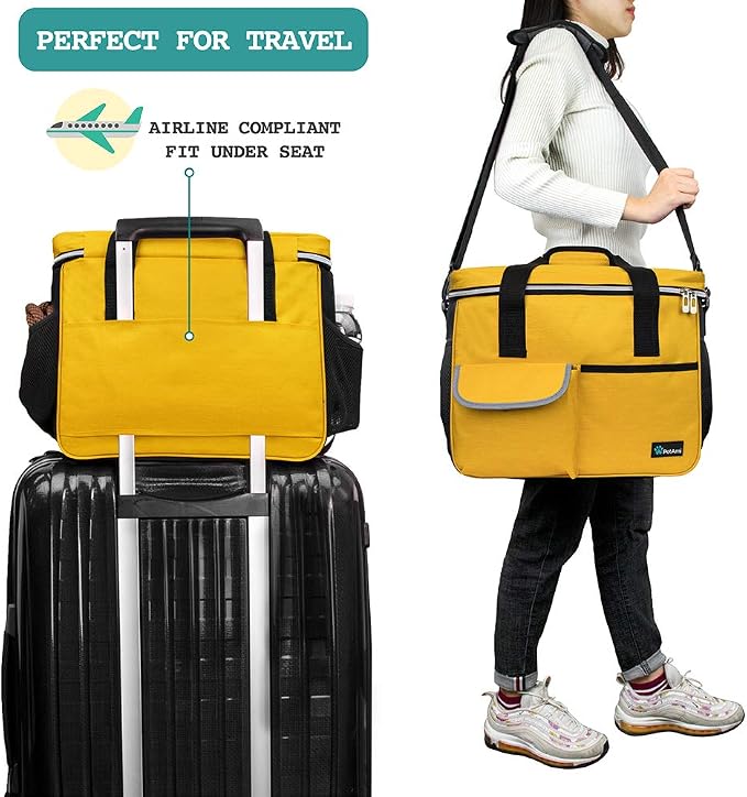 PetAmi Dog Travel Bag Organizer, Pet Travel Kit with 2 Food Containers & 2 Collapsible Dog Bowls, Pet Supplies Tote with Luggage Sleeve, Weekend Road Trip Camping Essentials, Yellow, Medium