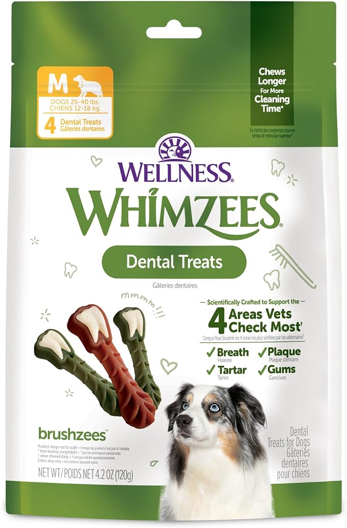Wellness WHIMZEES Brushzees Natural Dog Dental Treat, VOHC Accepted Chews, Freshens Breath, Medium Size, 4.2 oz Bag, 4 Count