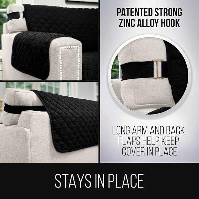 Sofa Shield® Couch Slip Covers for Dogs, Reversible Furniture Protector with Strap, Stain and Tear Resistant Cushion Cover, 62 inch Seat, Machine Washable Slipcover Pets, Cats, Black Gray