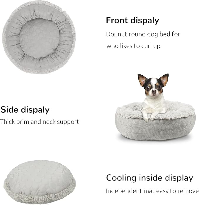 HACHIKITTY Dog Donut Round Calming Bed, Fluffy Dog Bed for Medium Large Dogs, Cooling Warming Soft Dog Cushion Bed, Double Sided Available Dog Bed with Warm & Cool Sides(36"x36"x12", Grey)