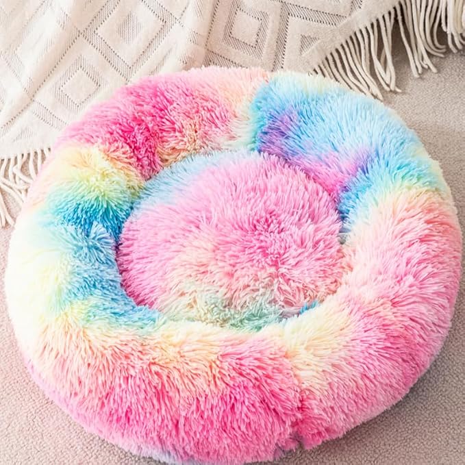 Rainbow Cat Bed for Indoor Cats,Ultra-Soft Plush Calming Kitten Cave Dog Bed,Cama para Gatos Cat Cave Up to 11LB,Soft Washable Anti-Slip Pet Sleeping Bag,17inch