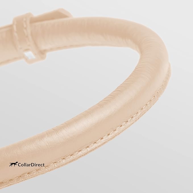 CollarDirect Rolled Leather Dog Collar, Soft Padded Round Puppy Collar, Handmade Genuine Leather Collar Dog Small Large Cat Collars 13 Colors (6-7 Inch, Beige Textured)
