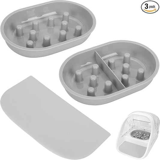 Cat Slow Feeder Bowls and Mat Set for Automatic Pet Care Feeder, YOIHABV 1 Slow Feed Single Bowl, 1 Puzzle Feeding Split Bowl, 1 Mat, Promote Healthy Eating, Non-Slip and BPA-Free, Easy to Clean