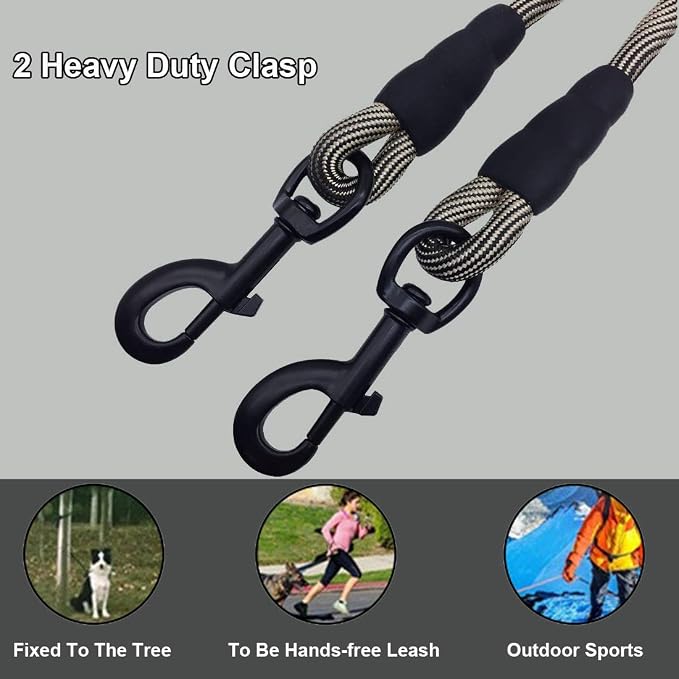 BTINESFUL Tie-Out Check Cord Long Rope Dog Tether, 8ft 12ft 20ft 30ft 50ft Dog Lead for Yard, Large Medium Dogs Oudoor Training, Playing, Camping, or Backyard (30ft, Beige Black)
