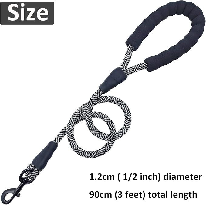 MayPaw Heavy Duty Rope Dog Leash, 3/4/5/6/7/8/10/12/15/20FT Nylon Pet Leash, Soft Padded Handle Thick Lead Leashes for Large Medium Dogs (Black, 1/2" * 3')
