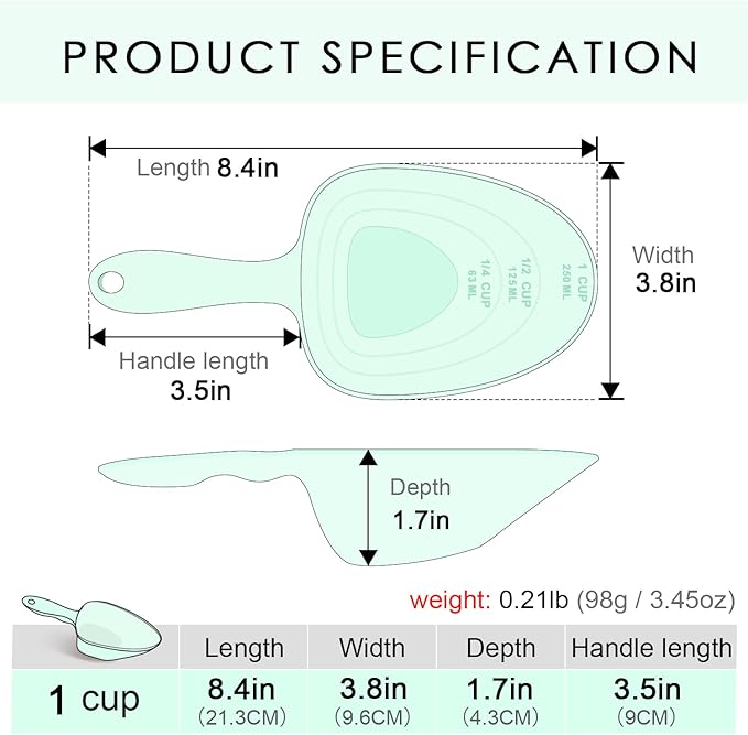 Melamine Pet Food Measuring Scoop, 1 Cup 1/2 Cup 1/4 Cup with Clear Measurement Lines for Dog, Cat, Bird, and Rabbit, Durable, Ergonomic Handle, Dishwasher safe-Green