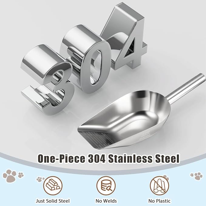 Dog-Cat Food Scoop 3/4 Cup / 6oz, Aloxina Thickened 304 Stainless Steel Pet Food Scoop with Long Handle, Precision Scale, Easy to Clean, Suitable for Wet and Dry Food