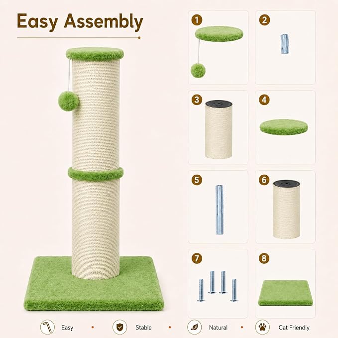 PAWSCRAT Cat Scratching Post 32 Inch High, 5.5 Inch Large Diameter Natural Sisal Cat Scratch Post, Scratch-Resistant and Durable Tall Cat Scratcher for Indoor Cats, Green