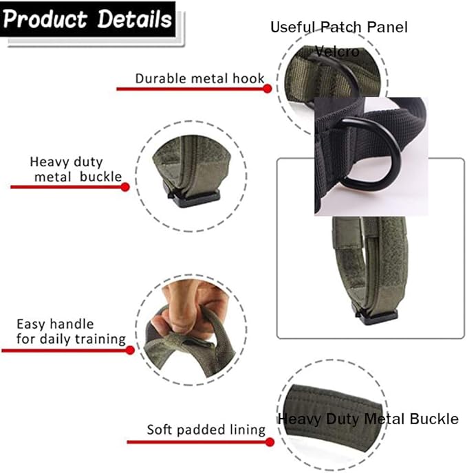 Tactical Dog Collar and Leash Set Adjustable Military Nylon Dog Collar with Control Handle and Heavy Duty Metal Buckle for Large Dogs（Green XXL