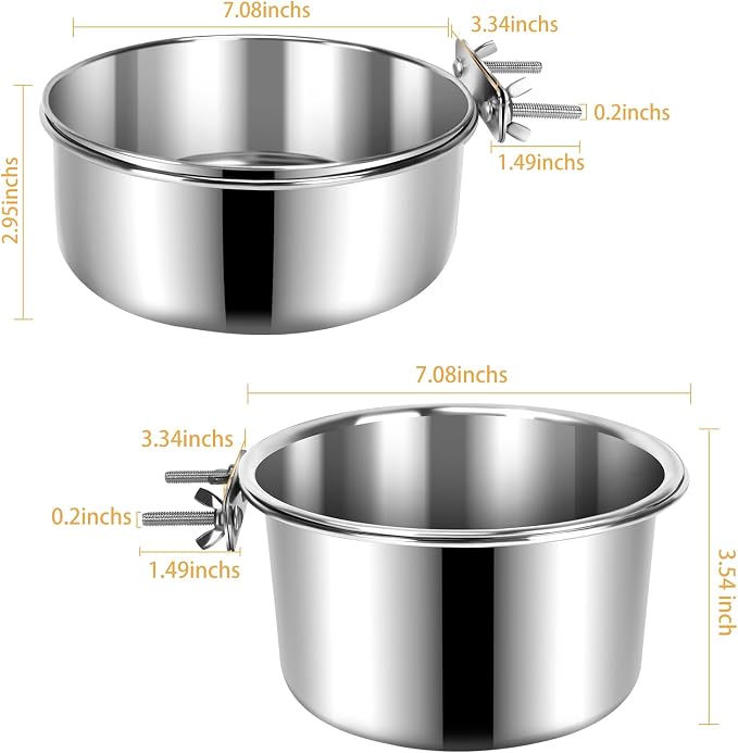 2 Pcs Large Pet Dog Food Water Bowl for Cage Stainless Steel Non-Spill Kennel Hanging Cats Bowls with Clamp Holder Crate Feeder Dish for Medium Large Dogs Huge Pets (7.1x3.7'' & 7.1x2.5'')