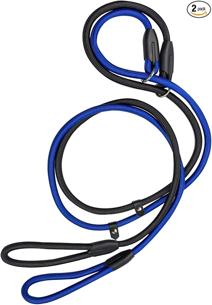 2-Pack Adjustable Nylon Slip Dog Lead – Collar-and-Leash Integrated Design for Training (Black/Blue)