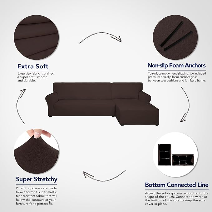 PureFit Super Stretch Sectional Couch Covers - 2 pcs Spandex Non Slip Sofa Covers with Elastic Bottom for L Shape Sectional Sofa Couch, Great for Kids & Pets (3 Seat Sofa + 2 Seat Chaise, Chocolate)