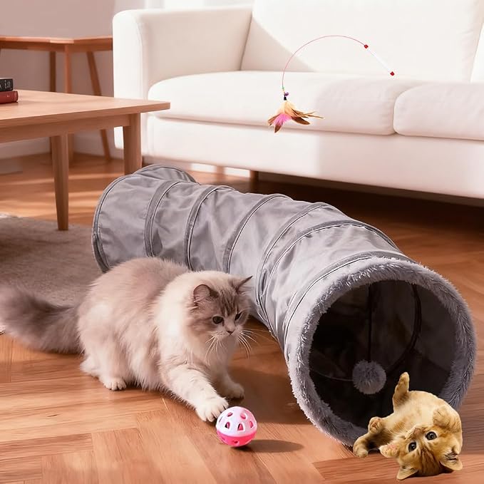 2-Way Collapsible Cat Tunnel Tube Toy Pack— Interactive Play Tunnel with Peek Holes, Ball and Wand Toy for Indoor Cats, Kittens, Puppies & Rabbits | Hours of Fun & Exercise
