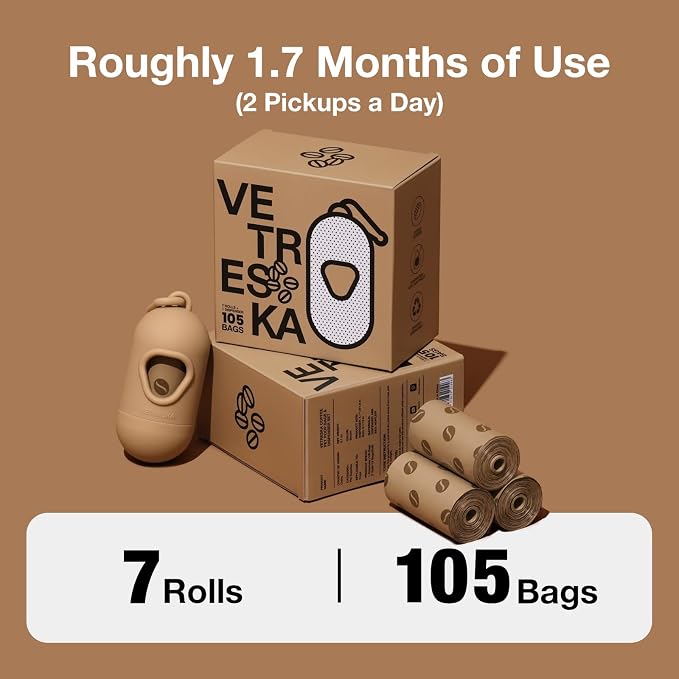 VETRESKA Dog Poop Bags Dispenser with Coffee Scented Waste Bags, Leak Proof, Extra Thick & Strong, 1 Holder and 105 Count Pet Poop Bags (7 Refill Rolls) for Dogs and Cats