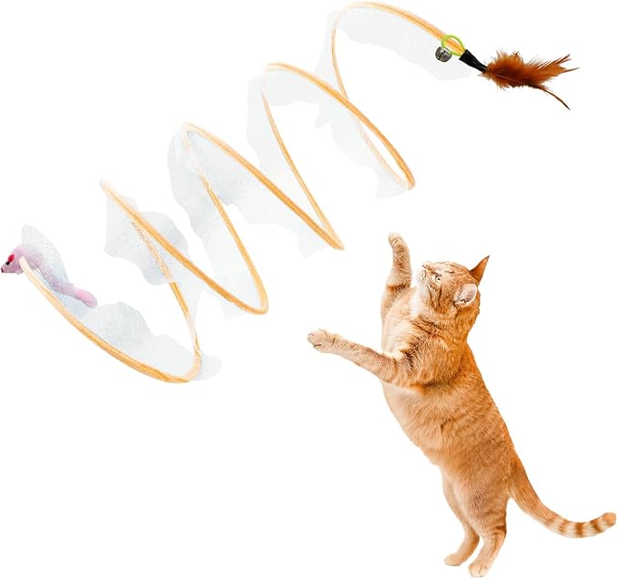Andiker Spiral Tunnel for Cats, 21.45” Collapsible Cat Tunnel with Feather Toy and Plush Mouse Interactive Cat Toys for Indoor Cats to Relieve Boredom for Kitten (Orange)